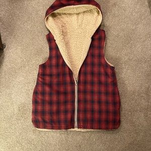 Reversible plaid and Sherpa vest with hood